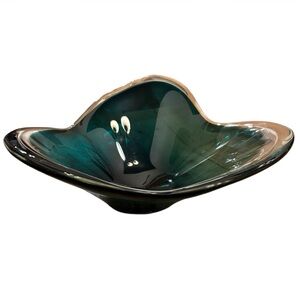 Mid Century Modern Teal Art Glass Bowl | Sculptural Centerpiece